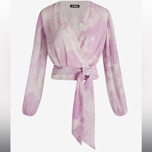 Express Lilac Floral Tie Banded Bottom Faux Wrap Top